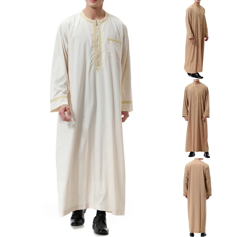 Men Islamic Arabic Kaftan Muslim Clothing Long Sleeve Patchwork Robes Fashion Saudi Arabia Dubai Mens robe | Мужская одежда