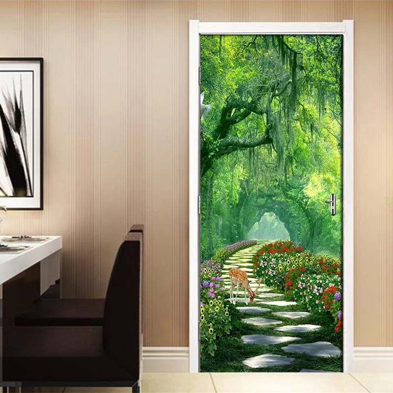Наклейка на дверь с изображением леса лося ПВХ самоклеящиеся наклейки 3D обои для