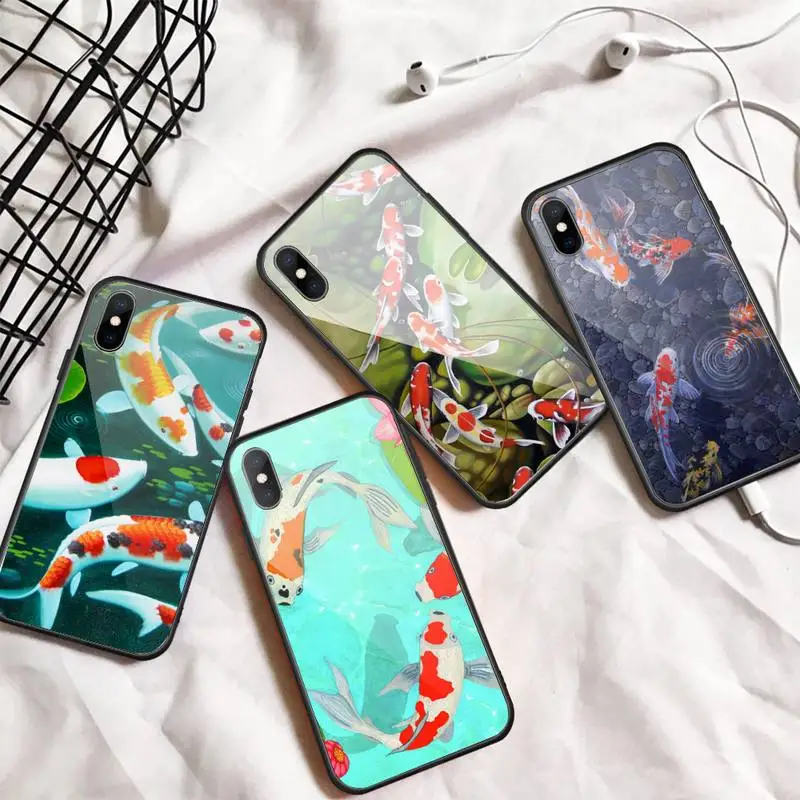 

Chinese style Koi Fishes pattern Phone Case Tempered glass For iphone 5C 6 6S 7 8 plus X XS XR 11 PRO MAX
