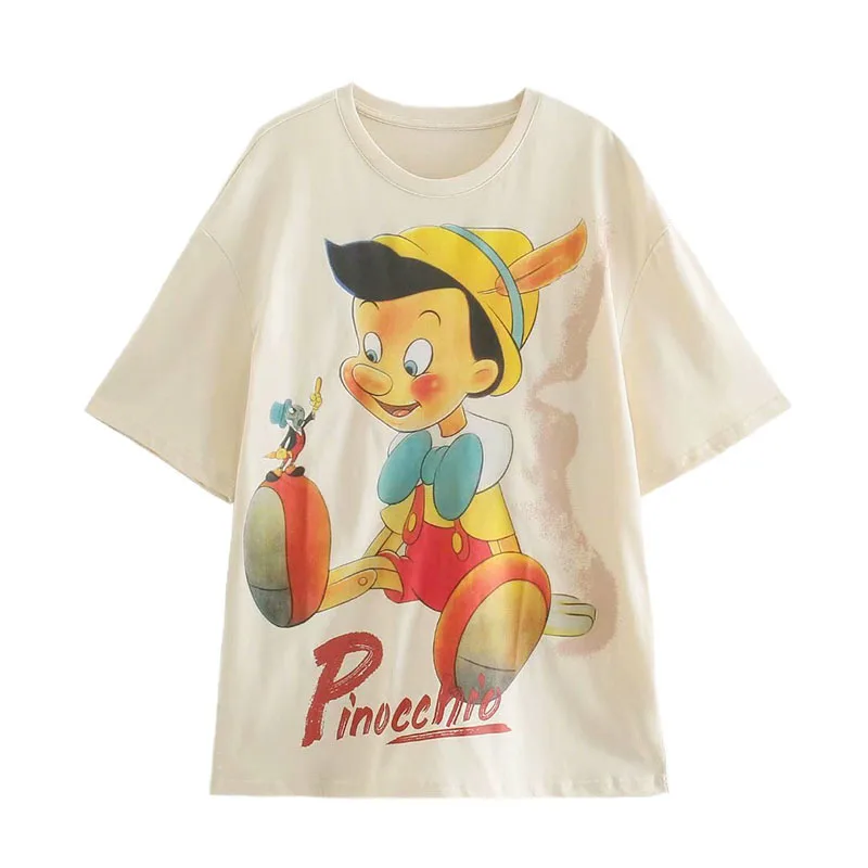 

New Disney Fashion T-shirt Puppet Summer Tee O-neck Tops Print Harajuku Retro Femme The Adventures of Pinocchio Cartoon Women