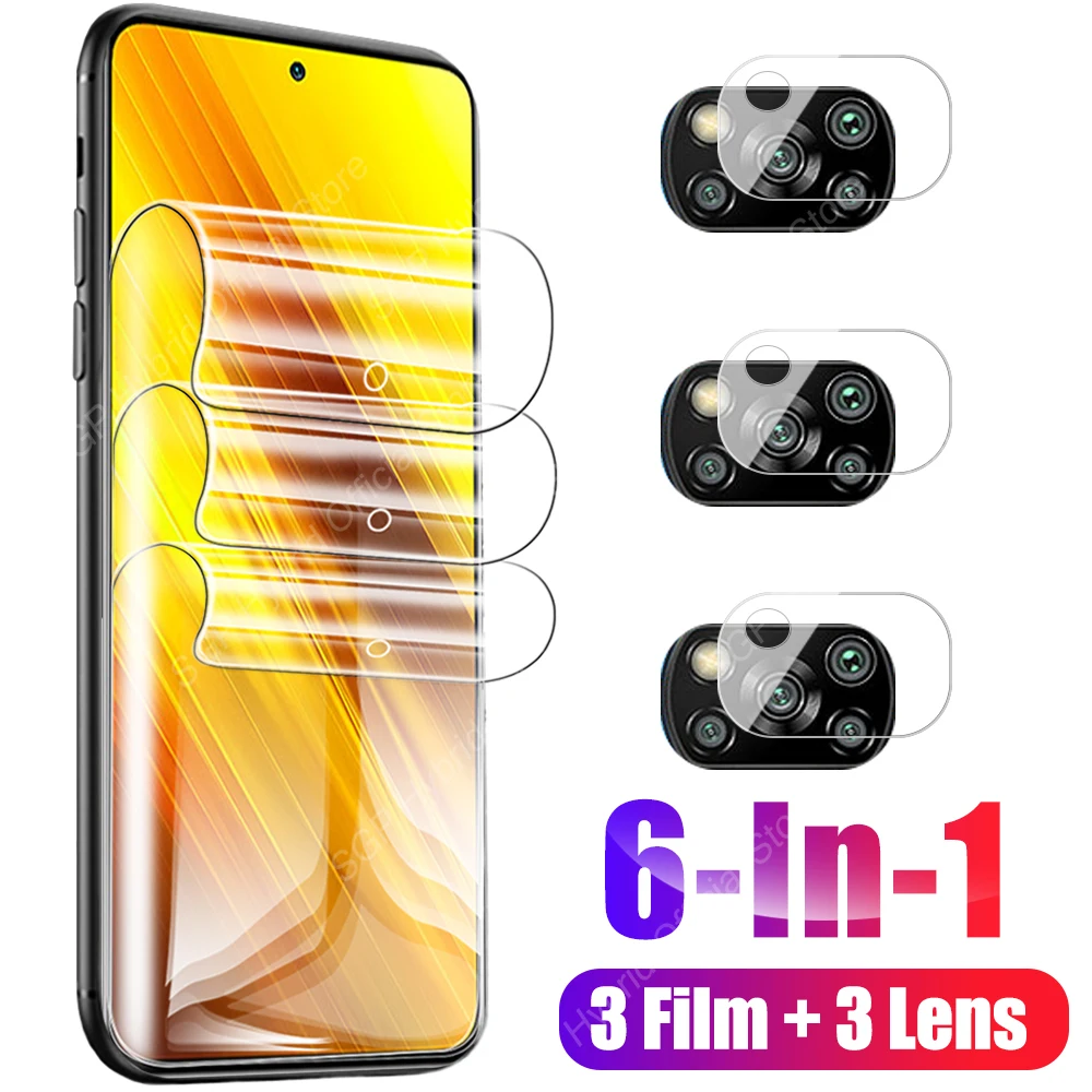 

6 в 1 Защитная Гидрогелевая пленка для полного клея для Xiaomi Mi Poco X3 NFC F X 3 GT F3 M3 Pro Защитная пленка для объектива камеры из мягкого стекла