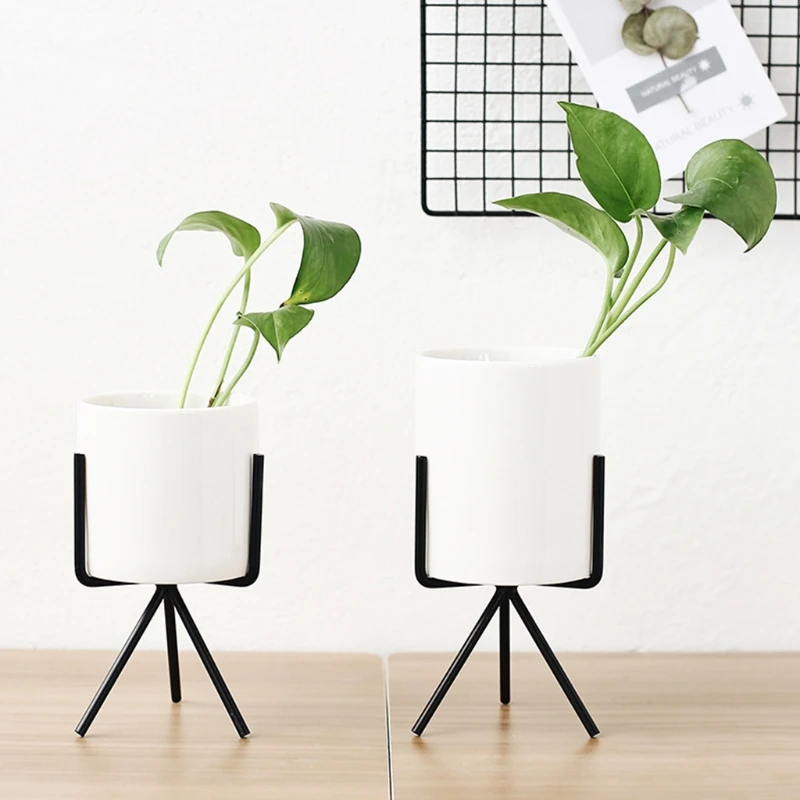 

1 Set White Garden Ceramic Desktop Planter Succulent Flower Pot With Metal Stand