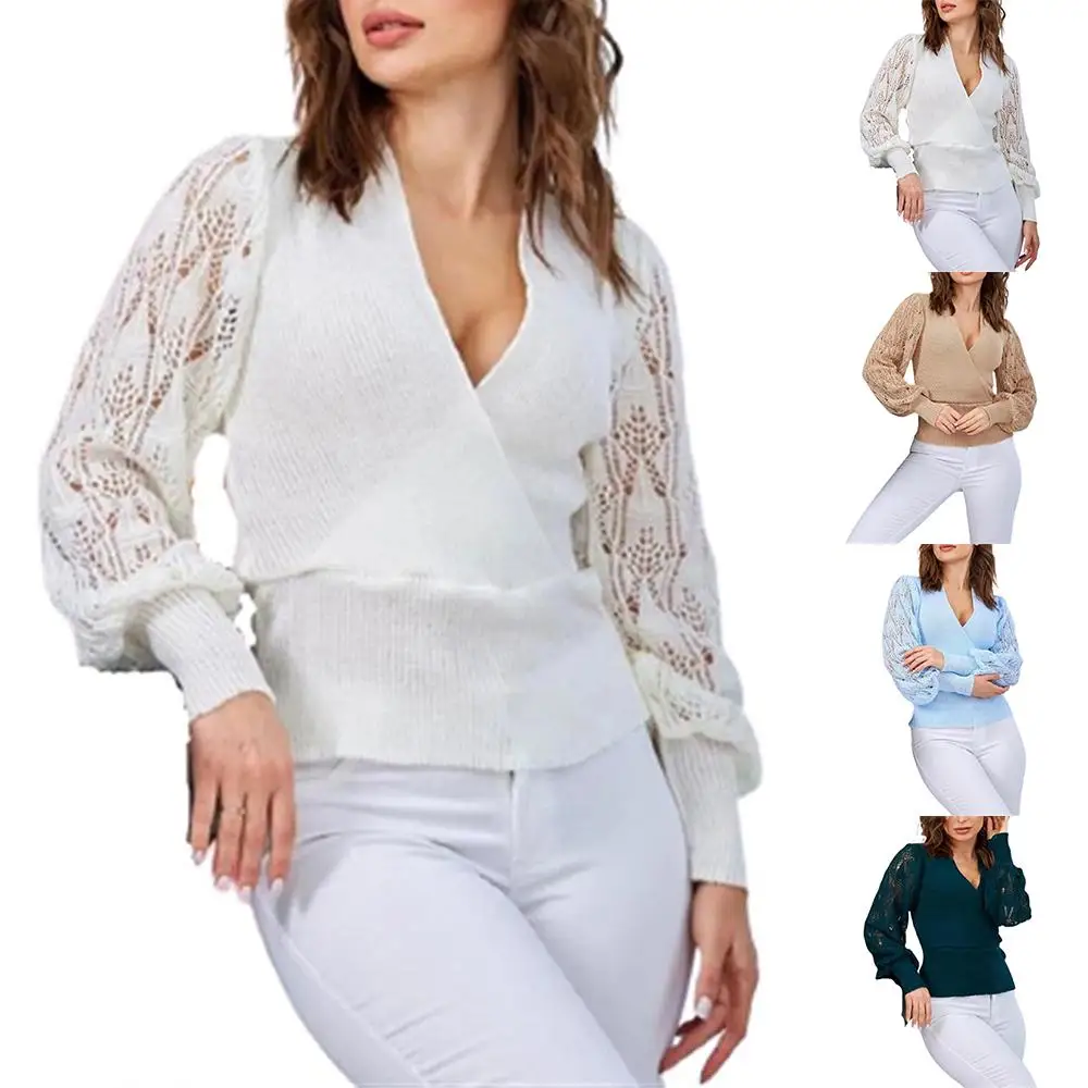 

Womens Long Sleeve V Neck Sweater Ladies Casual Autumn Winter Hollowing Out Knitted Jumper Tops