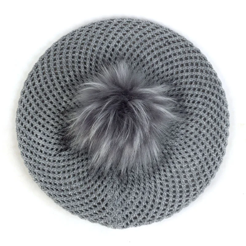 Light Gray17 Двухслойные Утепленные зимние теплые вязаные шапки для женщин, женские Берет для художника с помпон из искуственного меха, модные женские повседневные Шапки - Цвет: Light Gray17