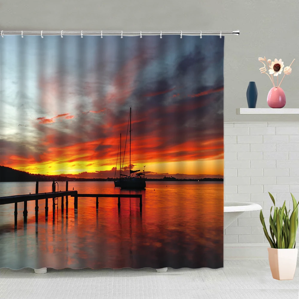 

Bathroom Pendant Sea Sunset Bridge Boat Background Picture Shower Curtain Partition Screen Waterproof Polyester Fabric With Hook