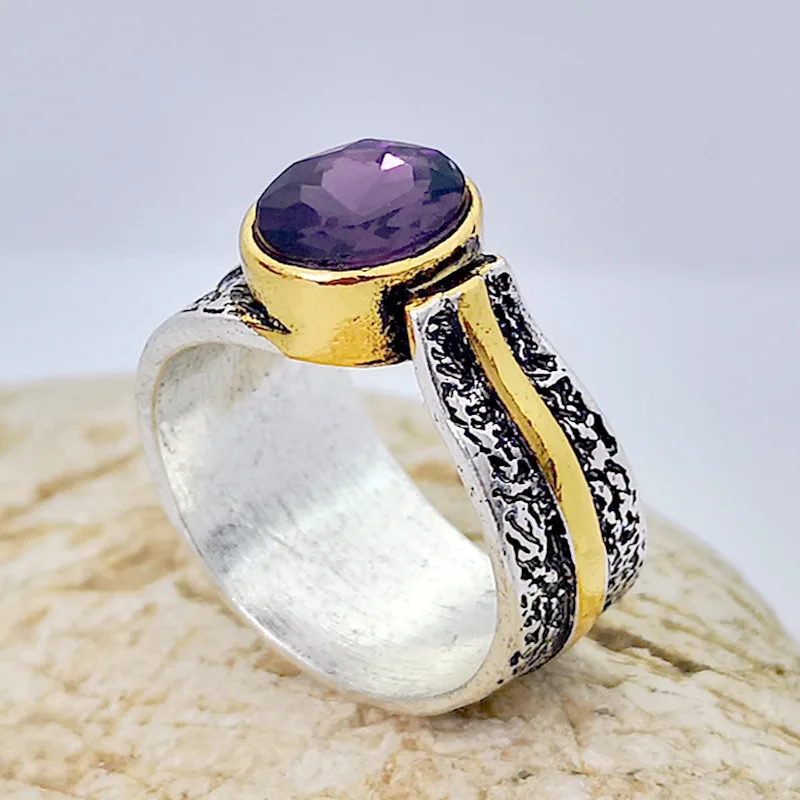 Vintage Gold Silver Color Purple Crystal Stone Ring Gothic Zircon Wedding Rings for Women Boho Jewelry Gift Wholesale Lots Bulk