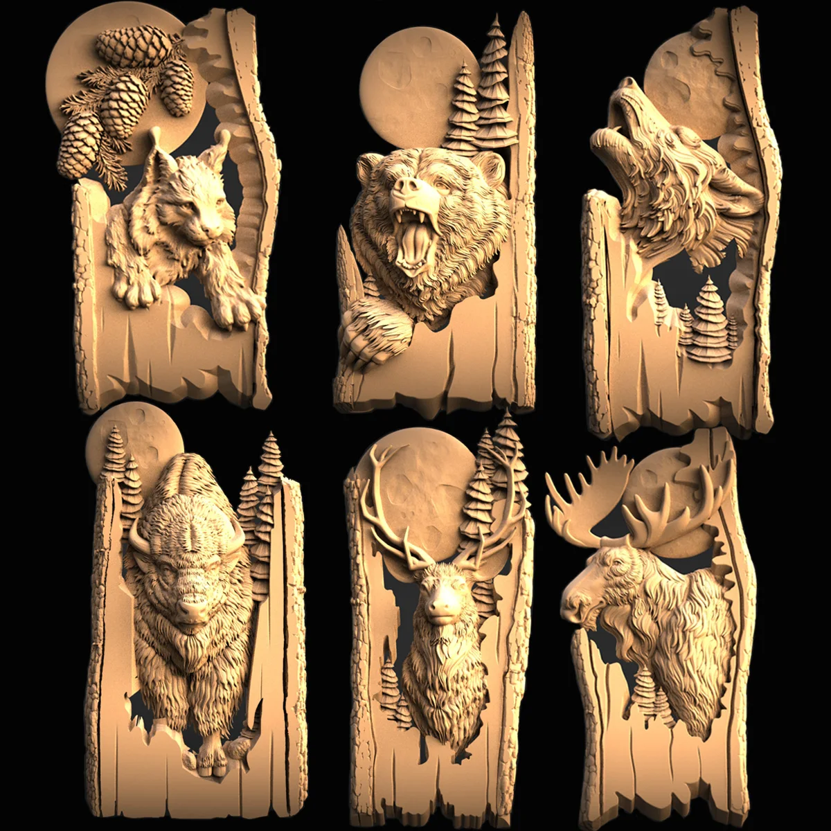 6 шт лесные животные 3d STL модель для ЧПУ 3D принтер волк _ медведь Зубр Олень рельеф
