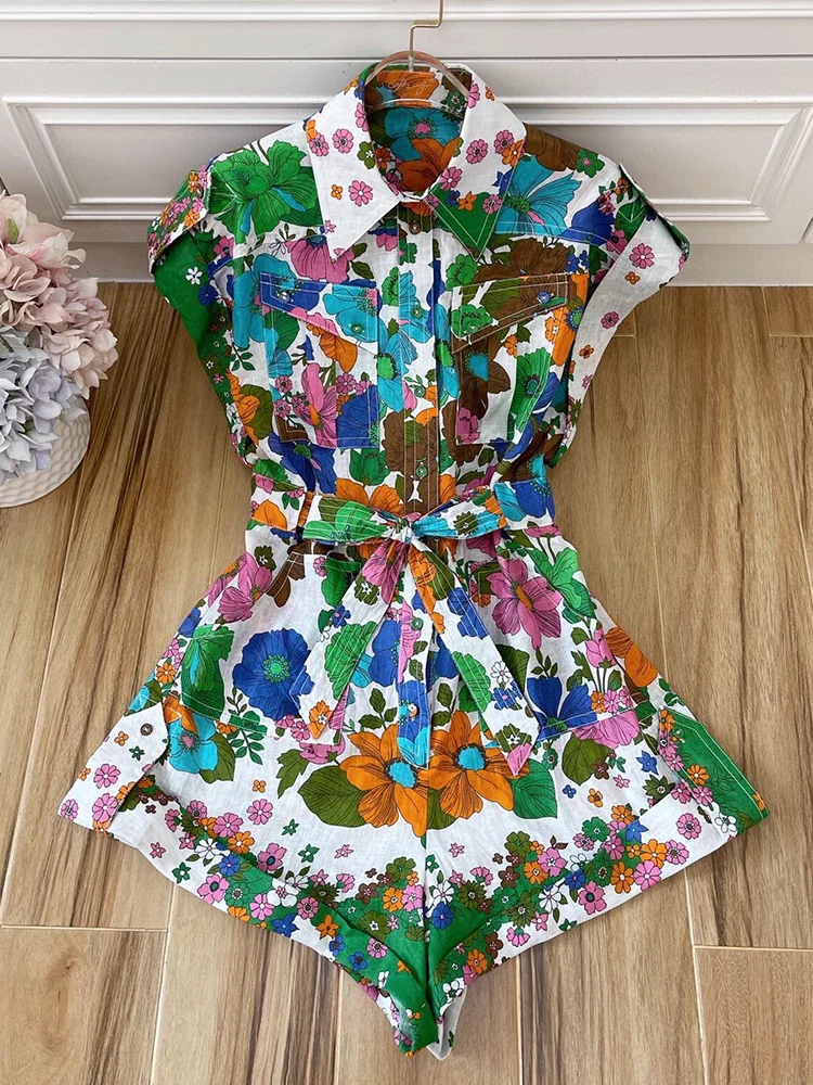 

Однобортные шорты с лацканами в стиле инструментов с завязкой на талии и ретро принтом из хлопка и льна цельные широкие шорты для дам летняя...