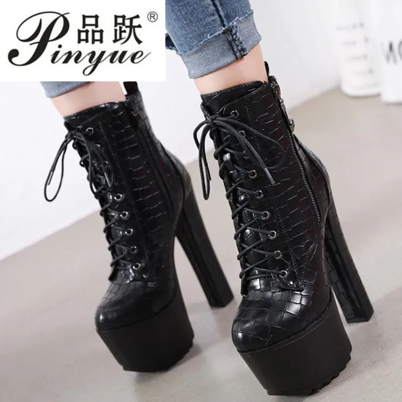 

New Arrival 16CM Wild high heel women's boots Winter Women Ankle Boots Platform Lace Thick Heels shoes Plus Size 34-40