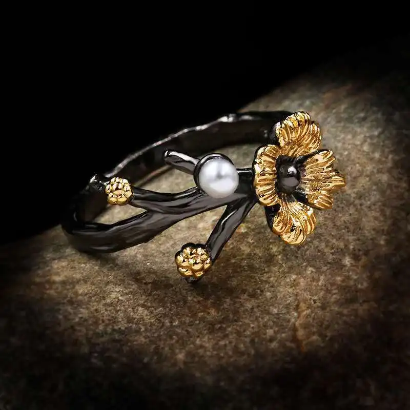 

Gu Li Fashion Flower Leaf Gold Color Rings For Women Retro Pearl Ring Anniversary Jewelry Trendy Accessories Hot Sale