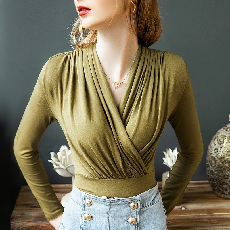 

Crossed Deep V-neck Elegant Tshirts Women Long Sleeve Soft Folds Tees Female Autumn Spring T Shirt Top