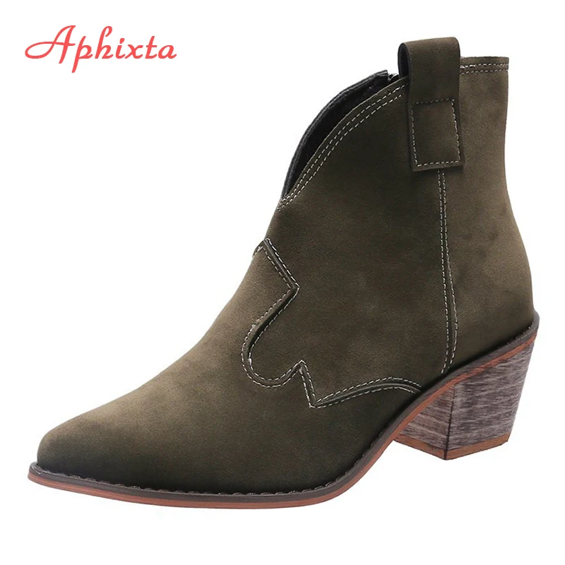 Женские ботильоны из нубука с заостренным носком на каблуке 6 см|Женские