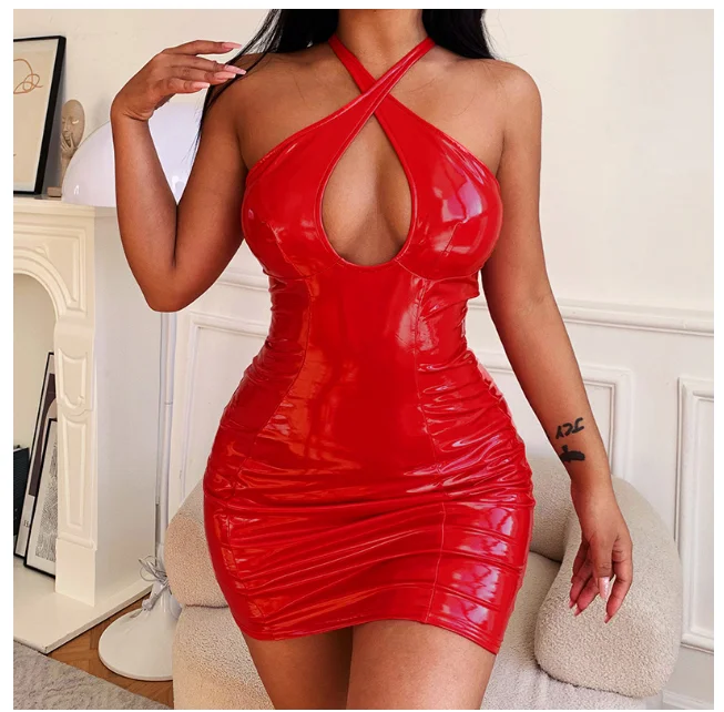 

PU Patent Leather Bodycon Dress Sexy Club Outfits for Women Red Black Cross Halter Backless Mini Dresses