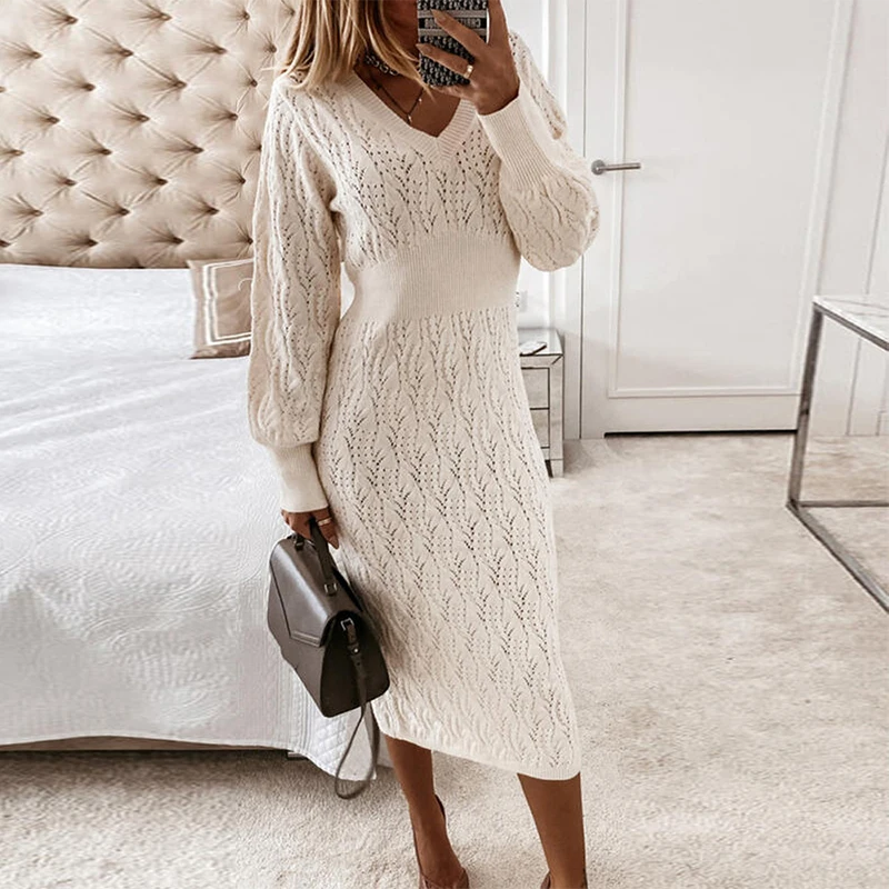 

Sexy V Neck Full Sleeve Women Dress Long Autumn Knitted Sweater Dress Elegant Lady Slim Fit Solid Party Vestidos De Mujer Casual