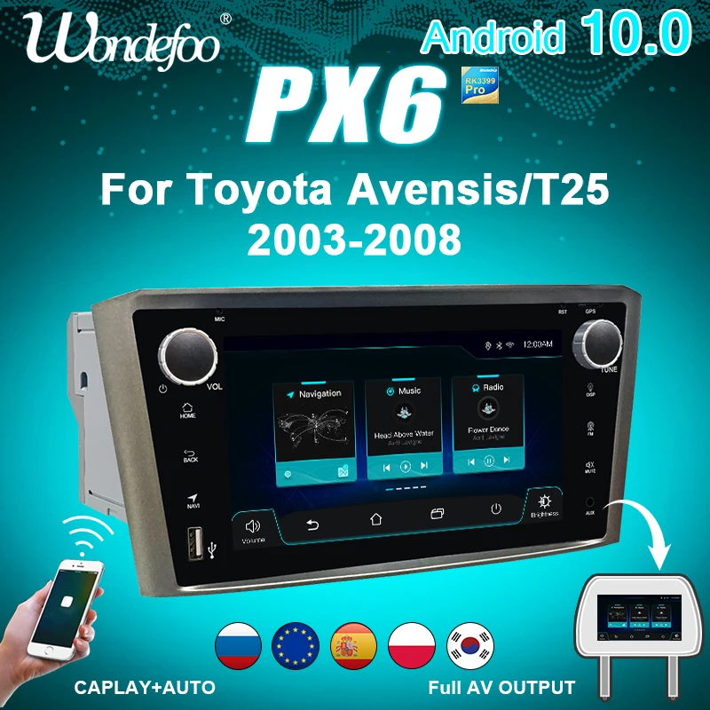 магнитола 2 din android 10 с экраном автомагнитола PX6 для Toyota Avensis T25 2002 2008