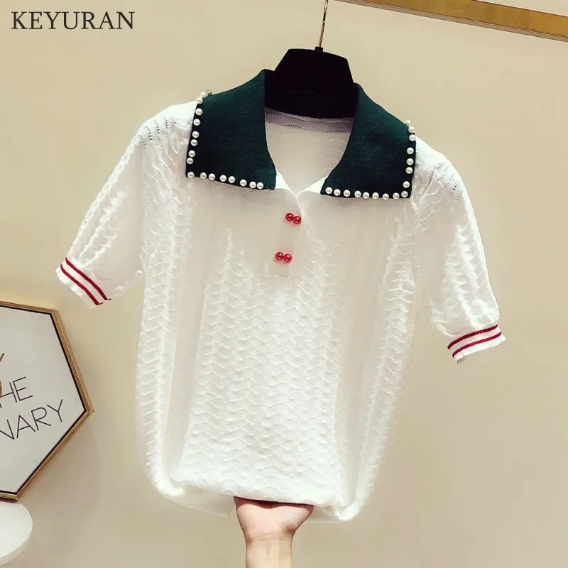 

Hollow Out Knitted T Shirt Women 2021 Summer Tops Green Beaded Polo Collar White T Shirts Women Thin Short Sleeve Knitwear Tops
