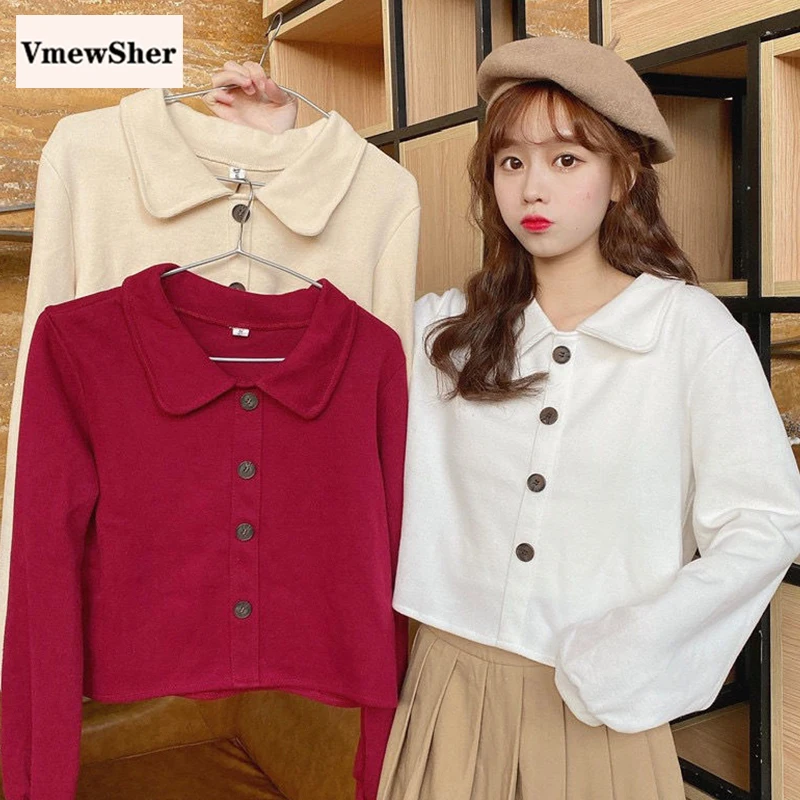 

VmewSher New Plain Spring Summer Women Crop Top Short Peter Pan Collar Casual Female Long Sleeve Sweet Solid Buttons Short Shirt