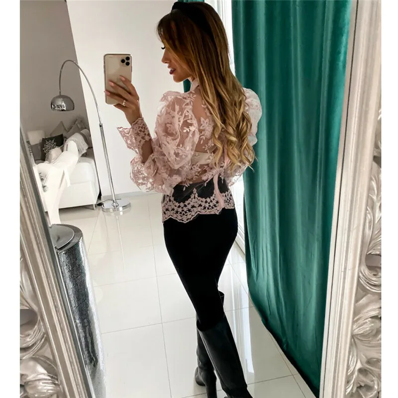 

New Fashion Lace Shirt Women Splicing Mesh Sheer Long Puff Sleeve Blouse Lace Floral Embroidery Shirts Ladies Shirts Tops Blouse