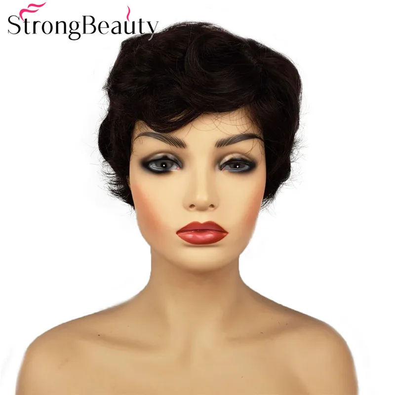 StrongBeauty короткий кудрявый женский парик натуральный черный Пикси СТРИЖКА Полный синтетический парик