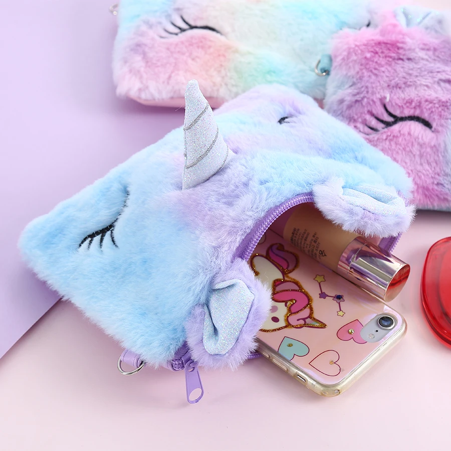 Милые косметические сумки через плечо с единорогом красочная меховая женская
