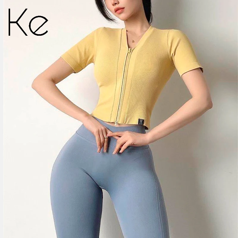 

KE tight-fitting navel-bearing sports top women's summer zipper thread short-sleeved quick-drying running thin yoga t-shirt