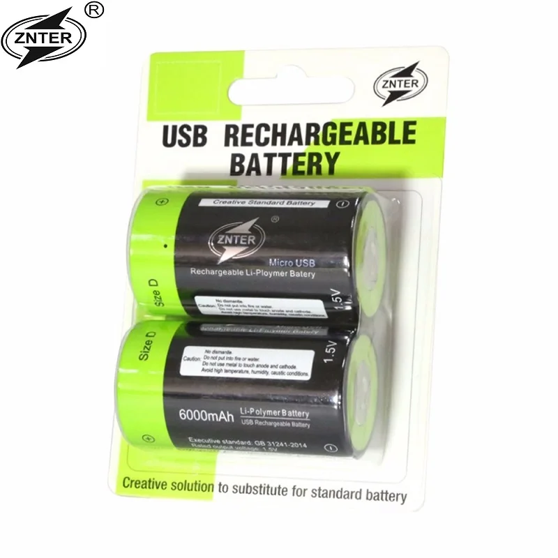 

100% Original ZNTER 1.5V 6000MAH Lipo Lithium Polymer Battery D Rechargeable Batteries Charge By Micro USB Cable Battery