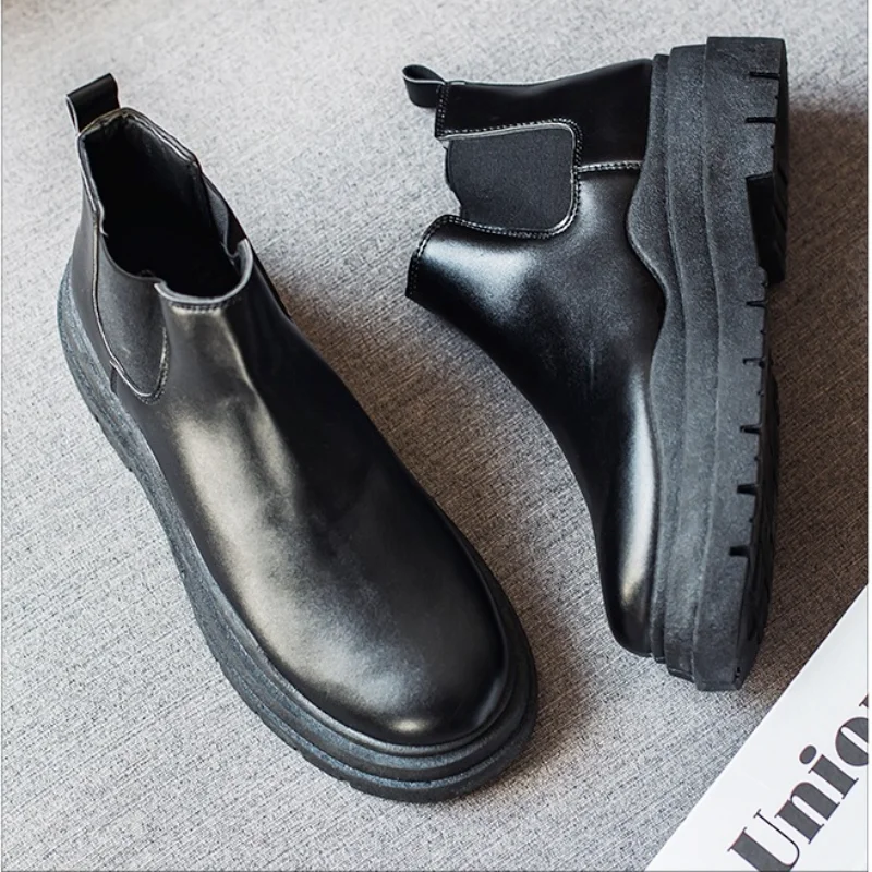 

Black Men Chelsea Boots Slip-on Waterproof Ankle Boots British Men Fashion Leather Boots Platform Genuine Leather Shoes for Men
