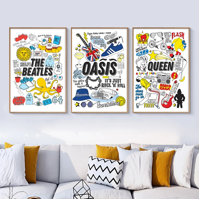 

Classic British Rock Band Canvas Painting Oasis Queen Song Lyrics Poster and Print Nordic Wall Art Pictures for Cafe Bar Decor