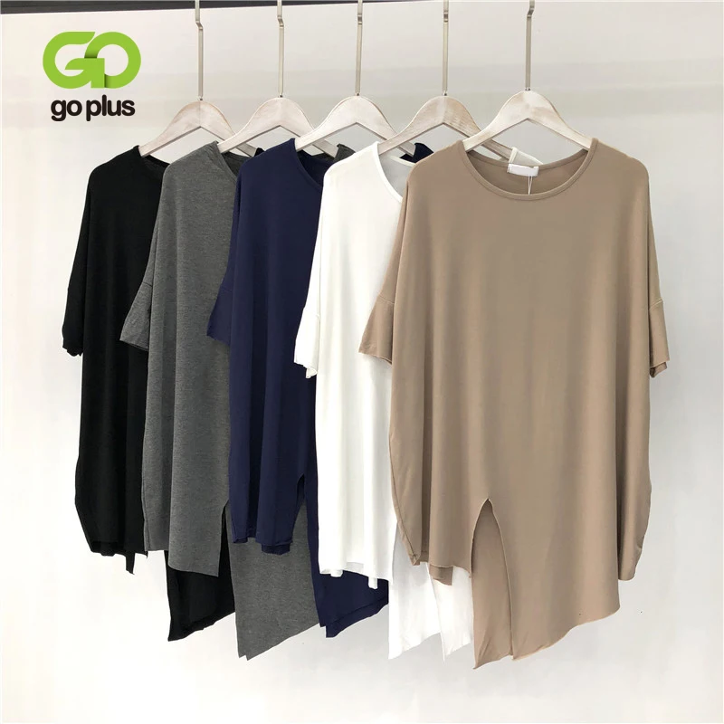 Женская футболка с круглым вырезом черная или белая длинная коротким рукавом в