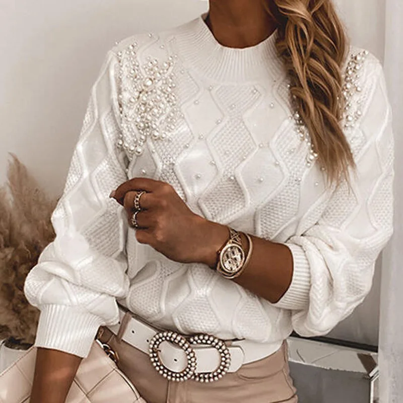 

Autumn Winter Women Sweaters O Neck Clothing Beaded Decor Long Sleeve Cute Knitted Pullover Warm Sweater White Elegant Jumper