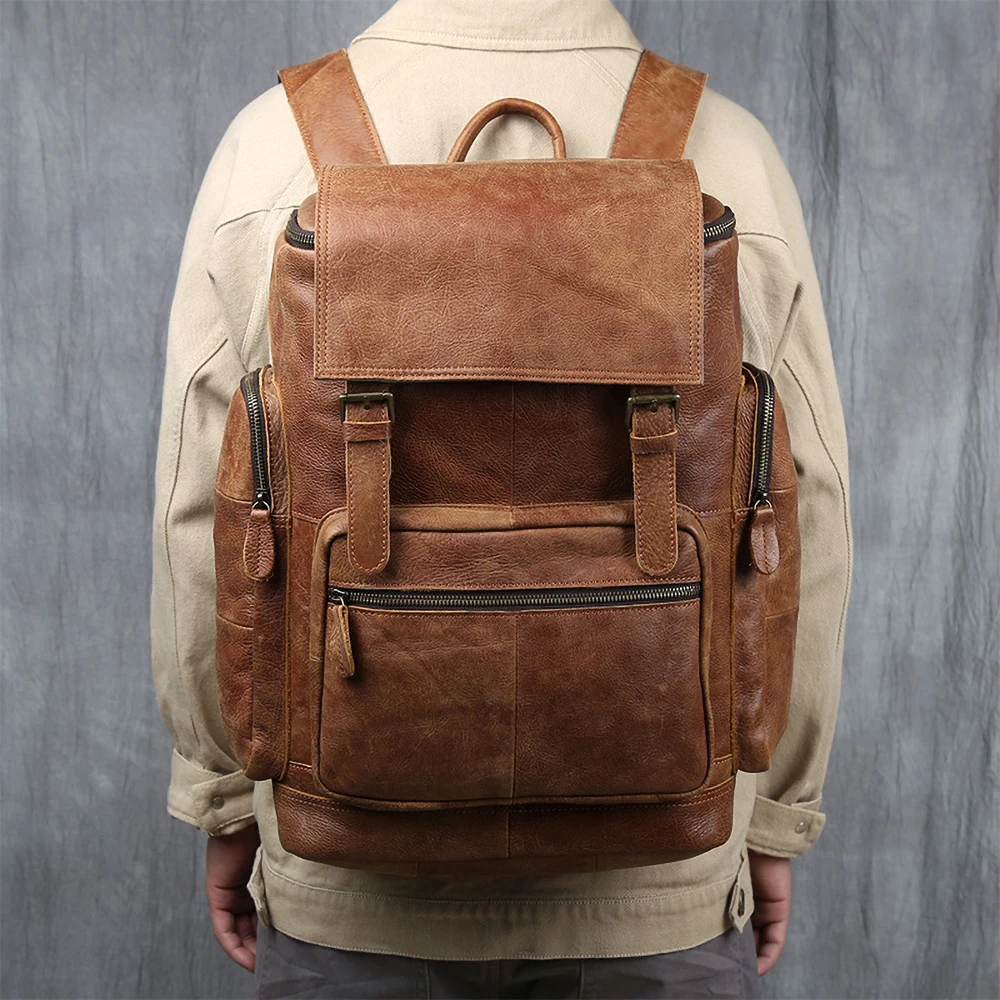 

ZRCX Vintage Genuine Leather Backpack First Layer Cowhide Backpack Leisure Travel Bag Large Capacity Laptop Bag For 16inch