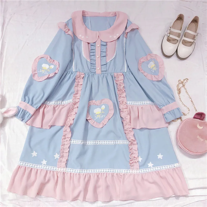 

Милая Лолита девушка Мори цветок Звезда вышивка красивая Долли платье Kawaii кукольный воротник оборки принцесса OP платье весеннее женское