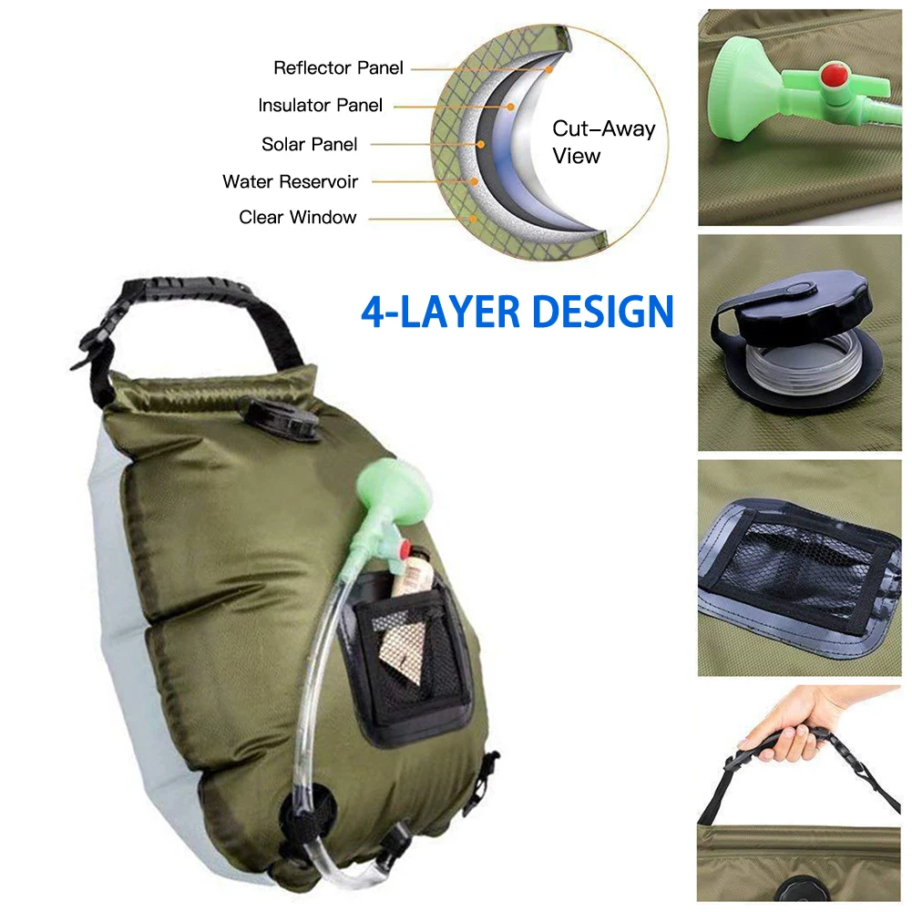 

20L Outdoor Solar Shower Bag Durable Camping Water Bags Heating Bag Camping Shower Hydration Hose Interchangeable Shower Head