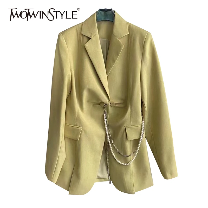 

TWOTWINSTYLE Casual Slim Solid Chain Blazer Female Notched Long Sleeve Korean Fashion Jacket For Women Autumn 2021 Clothes Style