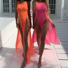 Женское сексуальное Клубное пляжное платье-накидка, Прозрачное Бикини, женское однотонное Прозрачное платье макси без рукавов с высокой талией и разрезом