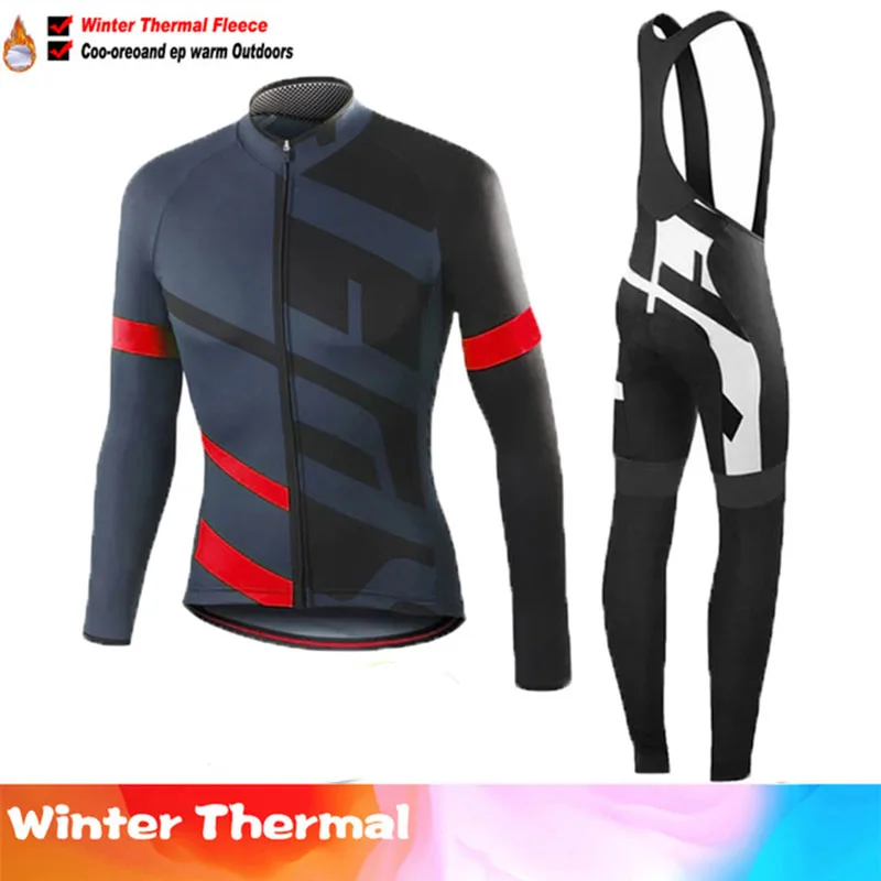 

Warm 2021 team Winter Thermal Fleece Cycling Clothes Men's long Jersey Suit Outdoor Riding Bike MTB Clothing Bib Pants Set