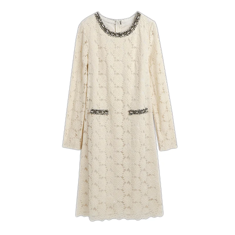 

New Spring Autumn Women Long Sleeve Loose Mini Dress High Quality Fashion Patchwork Beading Floral Lace Dress