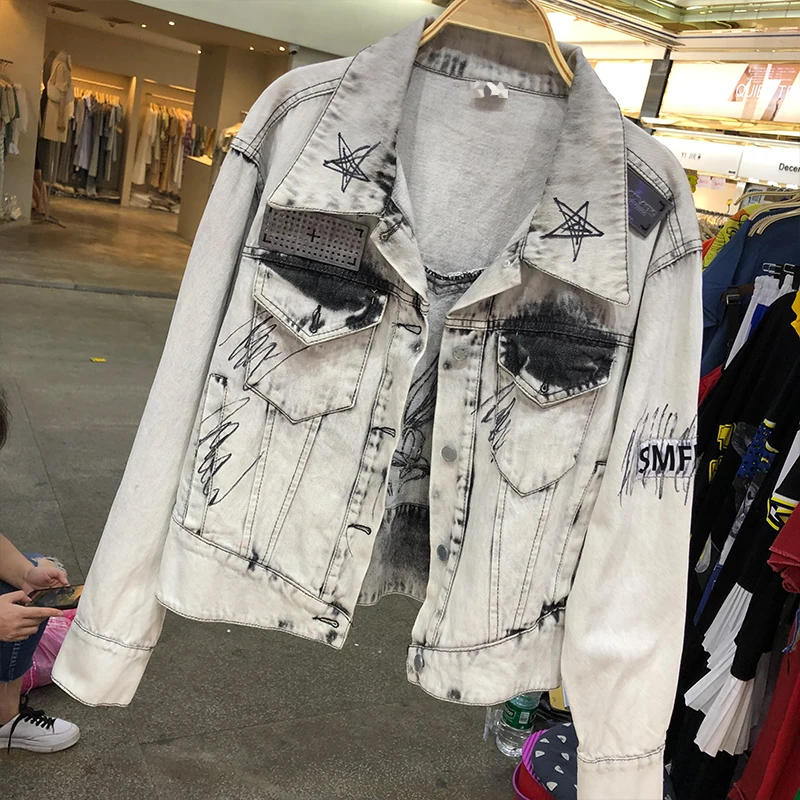 

Jeans Coat Female Autumn 2020 New Retro Cool Graffiti Short Denim Jacket Harajuku BF Loose Hip Hop Jacket Student Cropped Jacket