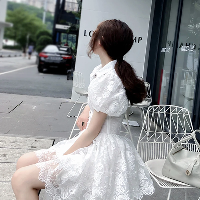 

GALCAUR Sweet Dress For Women Lapel Puff Short Sleeve Patchwork Lace Ball Gown Dresses Female Fashion Clothing 2021 Summer Style