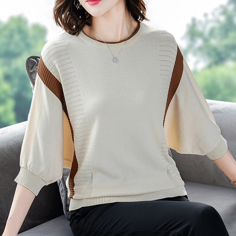 

Spring Summer Bat Sleeve Knitted T-shirt Black Patchwork Hollow T Shirt Women Korean Style Tshirt Tee Shirt Femme Lady Tops