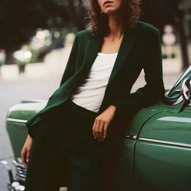 

2021 Vintage Spring Autumn Women Elegant Single Button Work Green Blazers Jackets Office Lady OL Oversize Business Suit Coats