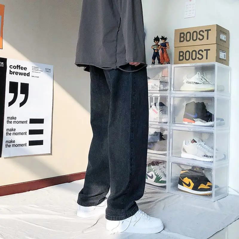 

2020 Men's New Loose Black/blue Straight Pants Solid Color Casual Pants Baggy Homme Cargo Pocket Jeans Biker Denim Trousers