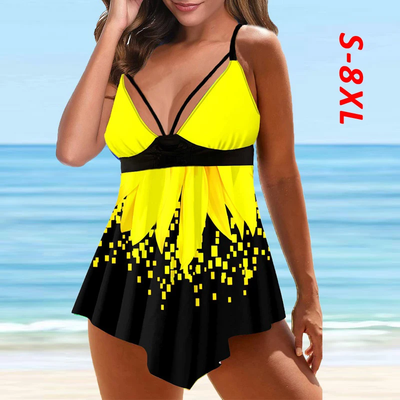 

2021 New Women Sexy Bathing Suit Plus Size 8XL Sunflower Print Femme Summer Beachwear Shorts Women Swimwear Tankini