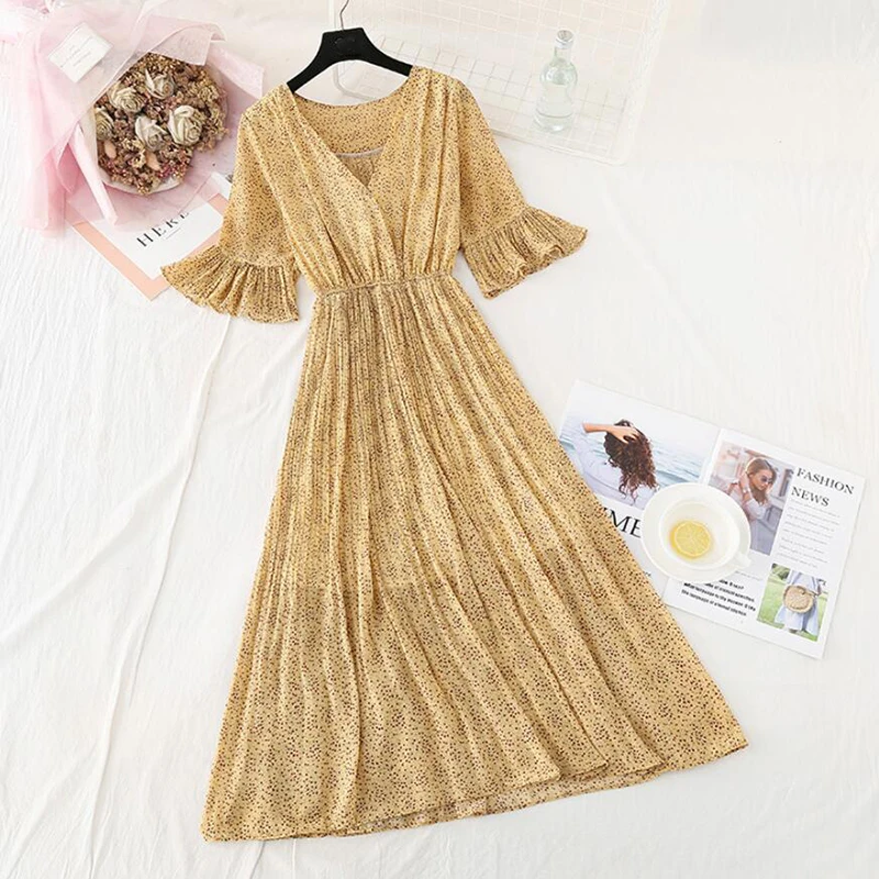 Женское шифоновое платье с расклешенными рукавами элегантное плиссированное