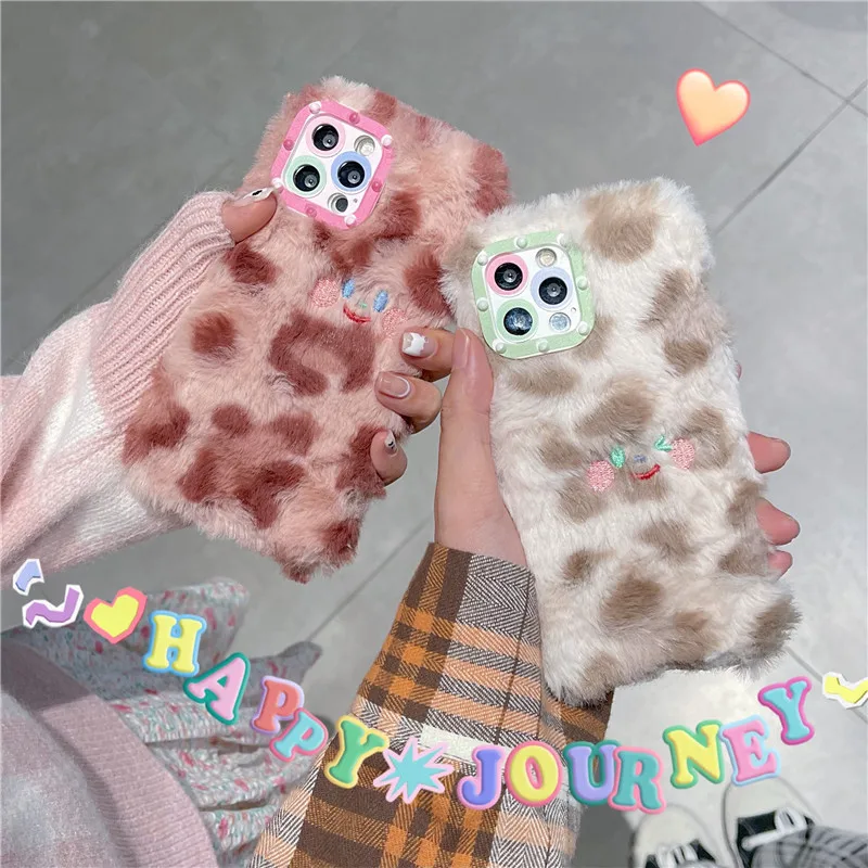 

Warm fur Leopard grain Phone Case For For iPhone 13 12 Pro max 11pro XS Max XR X 7 8 Plus 13p Luxury Plush Back Cover cute gift