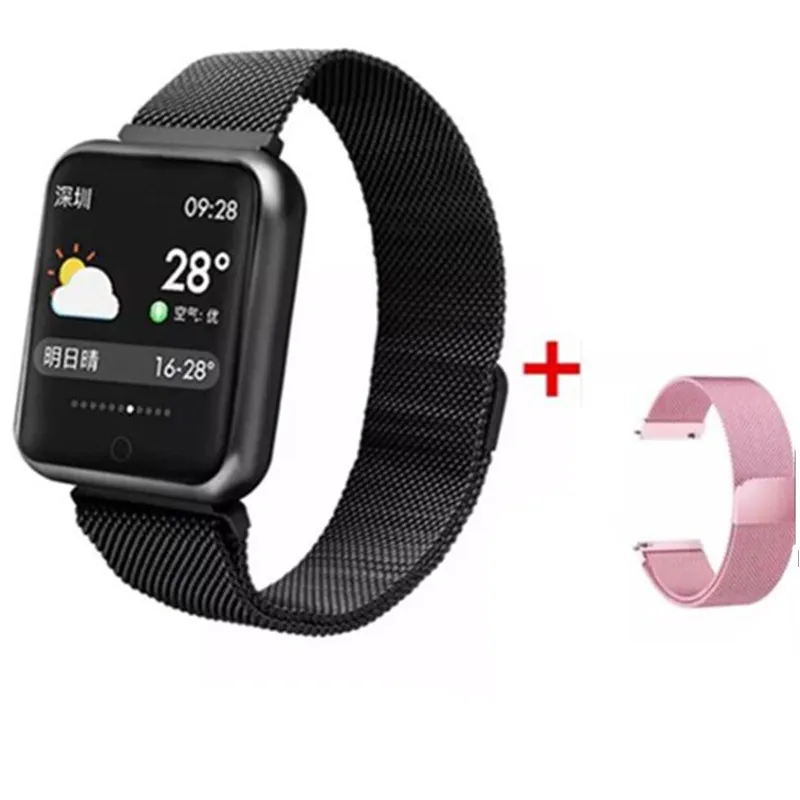 black add strap Bluetooth умные часы P68 с поддержкой кровяного кислорода, давления, сердечного ритма, IP68 Водонепроницаемые спортивные Смарт-часы для xiaomi huawei iphone - Цвет: black add strap
