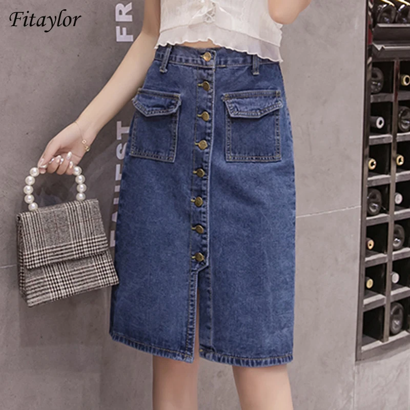 

Fitaylor 2022 New Spring Summer Women Vintage High Waist A Line Mid Length Skirts Casual Single Breasted Denim Skirts Female