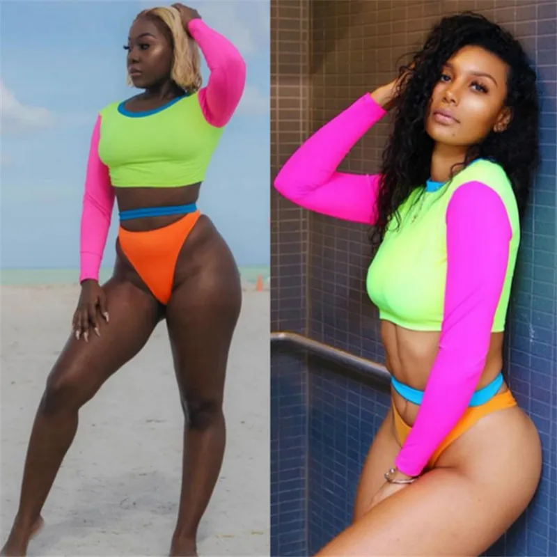 Неоновый цвет комплект бикини с длинным рукавом купальники высокой талией