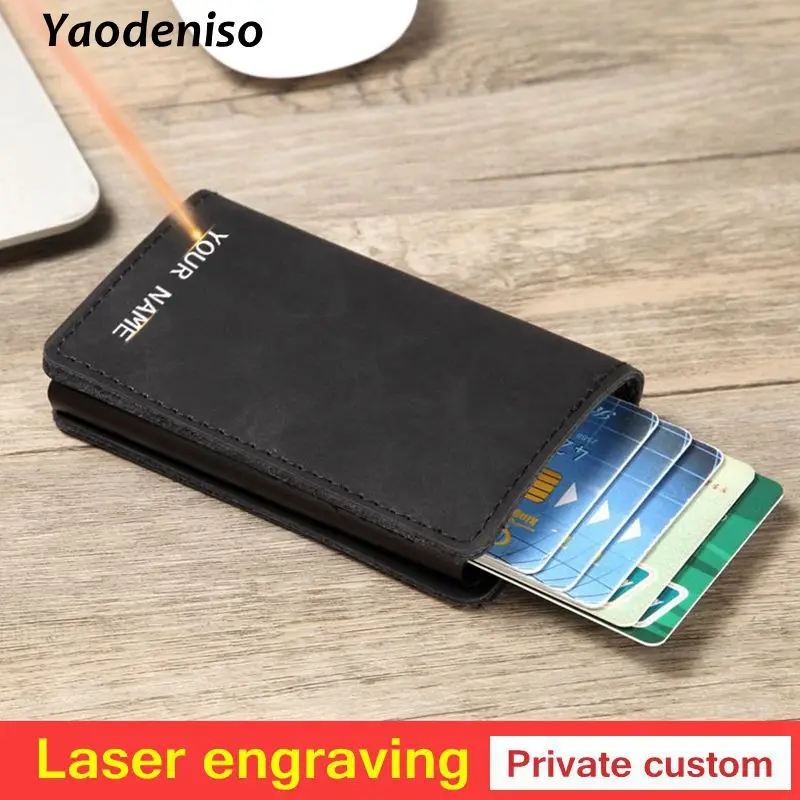 Laser engraving Men RFID Wallet Blocking Crazy Horse Leather Credit Card Holder Aluminum Metal Business ID Cardholder purse