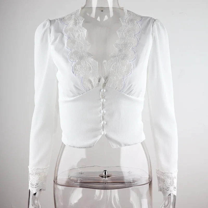 

Women Retro V-neck Embroidery Lace Spliced Chiffon Shirts Slim Long Sleeve Hook Single-breasted Blouses Crop Tops Blusas Mujer